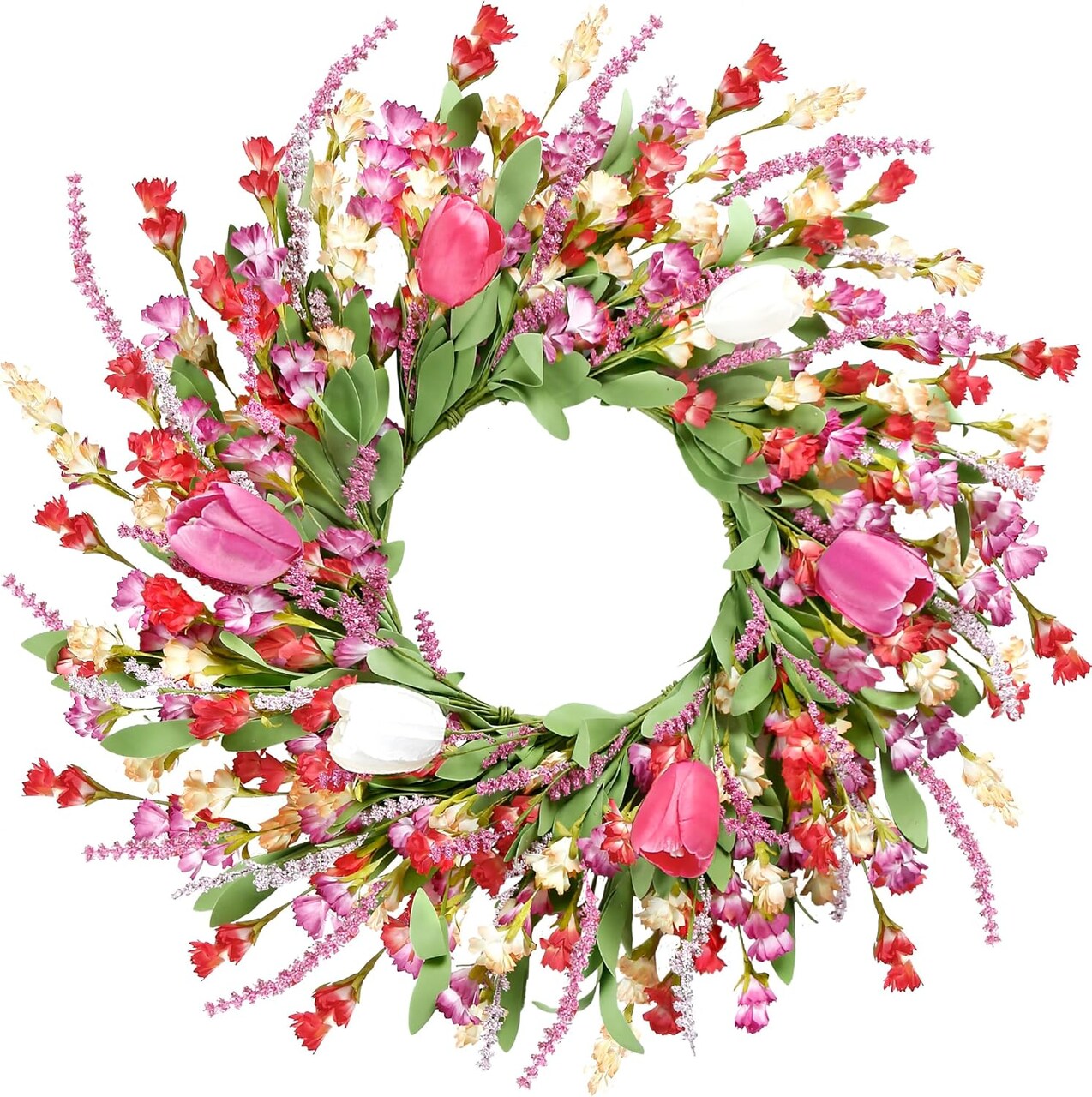 22-Inch Spring & Summer Artificial Flower Wreath for Front Door – Colorful Tulips, Lavender & Greenery on Durable Base for Indoor & Covered Outdoor Farmhouse Décor